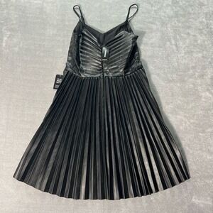 Express Womens Faux Leather V-Neck Pleated Fit Flare Mini Dress Small Black NWT